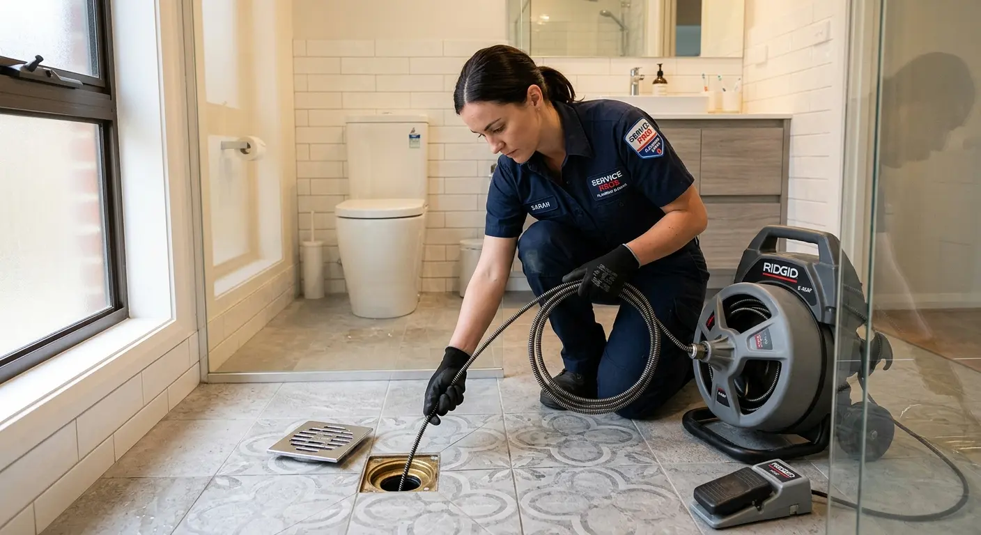 Technician clearing a bathroom floor drain for Sewer Line Replacement in Great Barrington